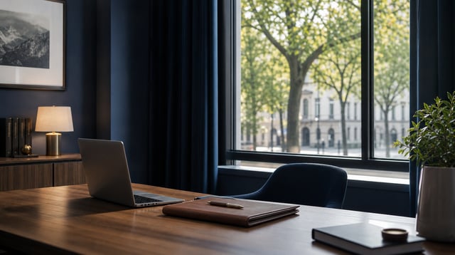 Advisory office desk with laptop and folio in soft morning light