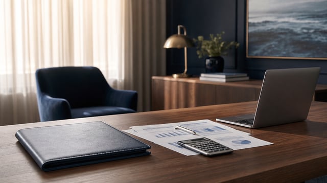 Desk with financial planning documents and a laptop in a wealth management office