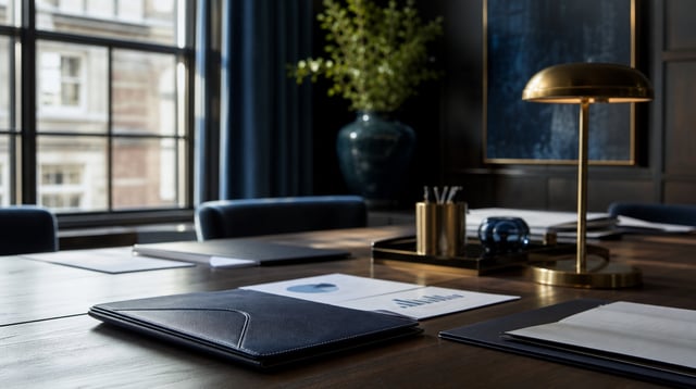 Conference table with leather portfolios and planning charts in a quiet wealth management office
