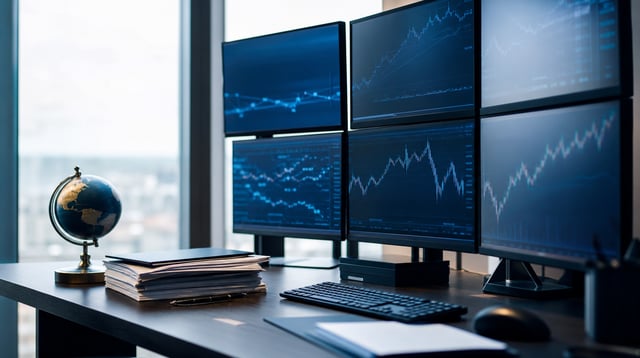 Brokerage desk with monitors showing abstract blue market charts and a globe