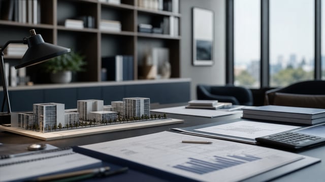 Risk management office with documents and calculator