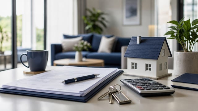 Desk with mortgage documents, house keys, and a calculator in soft natural light
