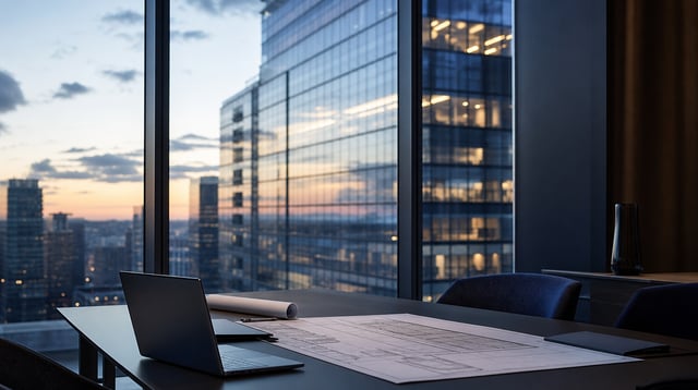 Commercial real estate office with city towers reflected in a window and drawings on a table