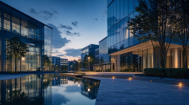 Modern glass office campus plaza at dusk with reflecting pool