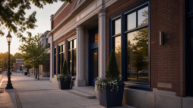 Small town bank branch exterior with brick facade in golden hour light