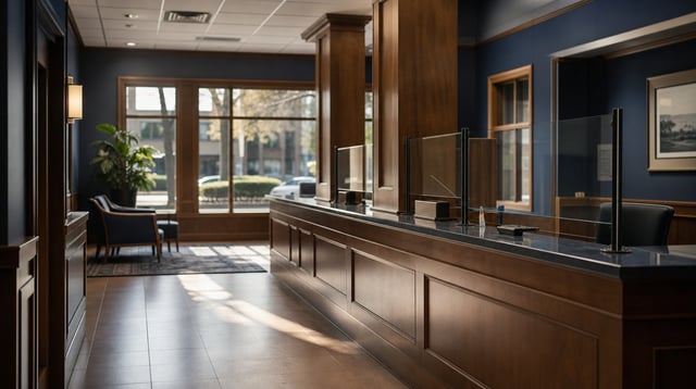 Quiet community bank branch interior with wooden counter and morning light