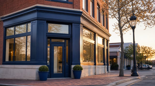 Small community bank branch exterior on a quiet main street at golden hour