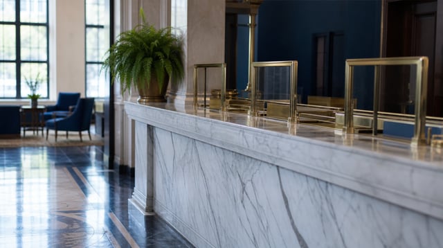 Community bank lobby with marble counter and daylight through tall windows