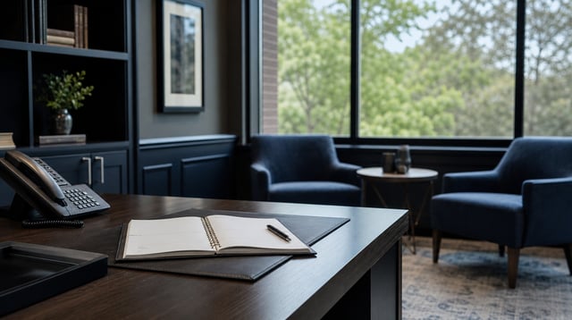 Financial planning office with an open planner and chairs by a large window