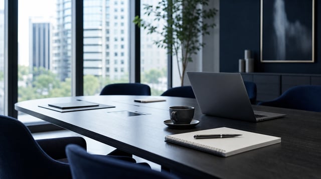 Advisory firm meeting room with notebook and laptop