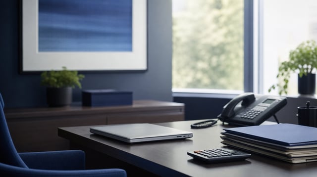 Desk with laptop, calculator, and client folders in a small consumer finance office
