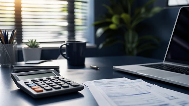 Consumer finance office desk with calculator, laptop, and blurred paperwork in soft light