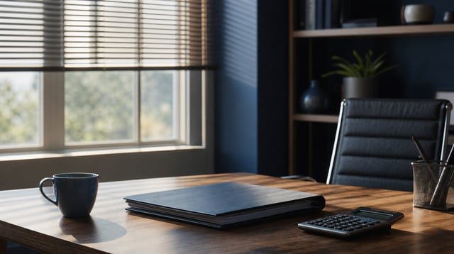 Lending office desk with loan documents, calculator and coffee in soft daylight