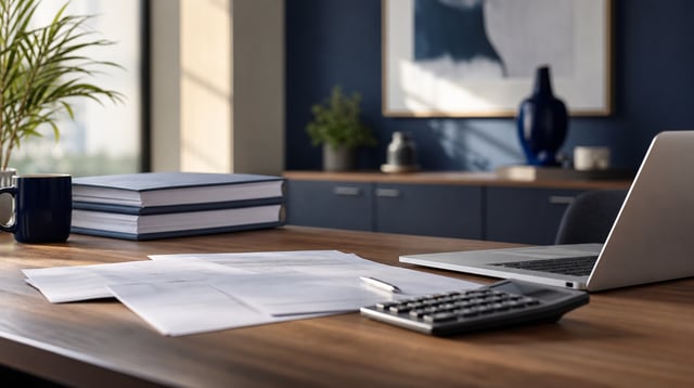 Consumer lending office with loan paperwork and calculator