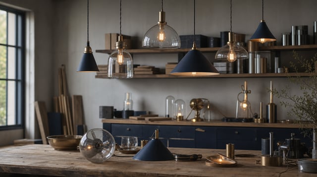 Lighting workshop with pendant lamps above a wooden workbench