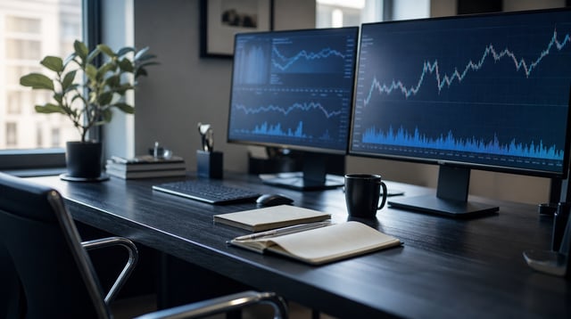 Analyst desk with monitors showing abstract market charts