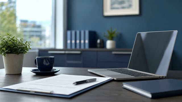 Quiet insurance office desk with a laptop and policy documents in soft daylight
