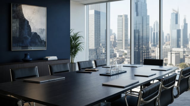 Modern corporate boardroom with long table and city skyline view