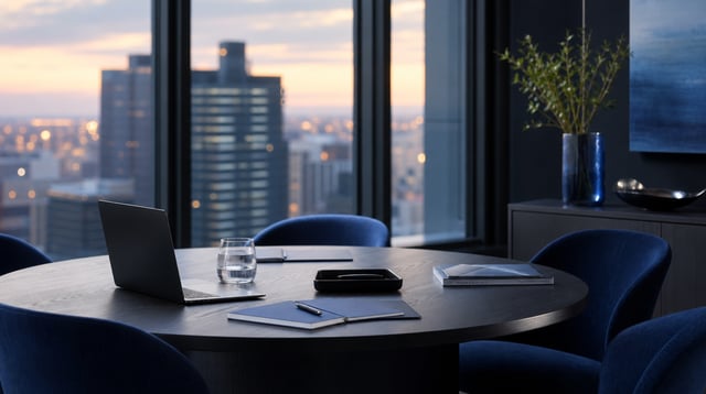Minimal meeting room with laptop and notebooks overlooking a skyline