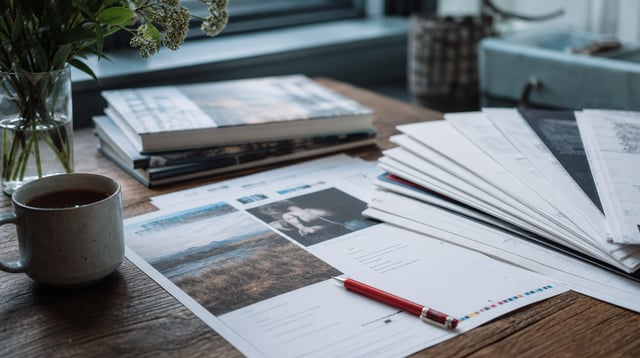 Book proofs, a red editing pencil and a cup of tea on a wooden worktable