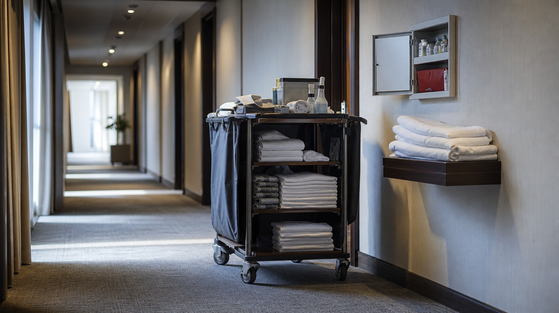 A hotel housekeeping cart beside a first aid kit and fresh towels in a bright corridor