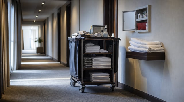 A hotel housekeeping cart beside a first aid kit and fresh towels in a bright corridor