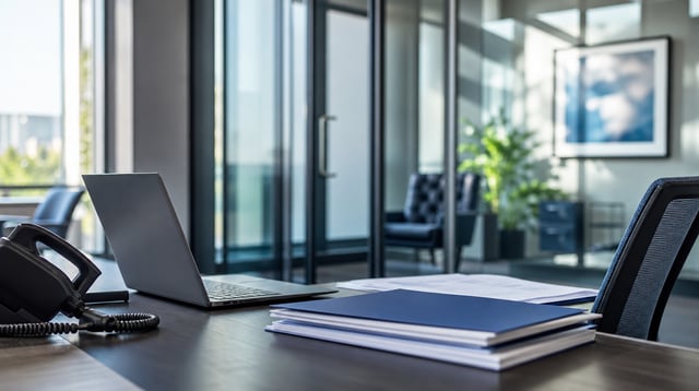 Headset and laptop on a desk in a modern lending office in soft light