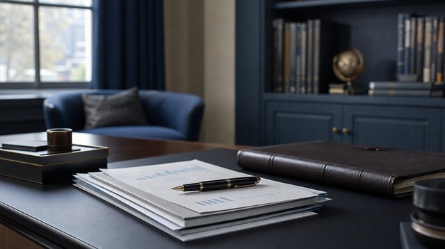 Private office desk with ledger and financial statements in soft window light
