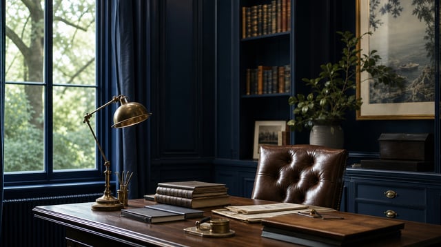 Private study with leather ledgers and a desk lamp in soft light