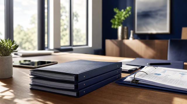 Financial planning desk with review binders and a tablet in morning light