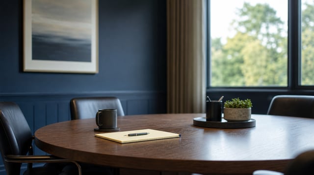 Small advisory firm conference room with round table, chairs, and notepad in natural light