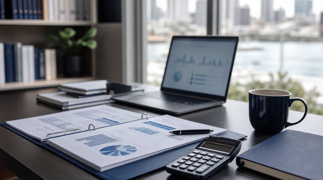 Desk of a fee-only financial planning office with laptop, binders, and calculator in soft natural light