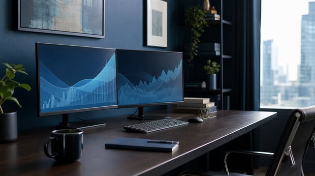 Advisory office desk with monitors showing abstract blue charts and a notebook