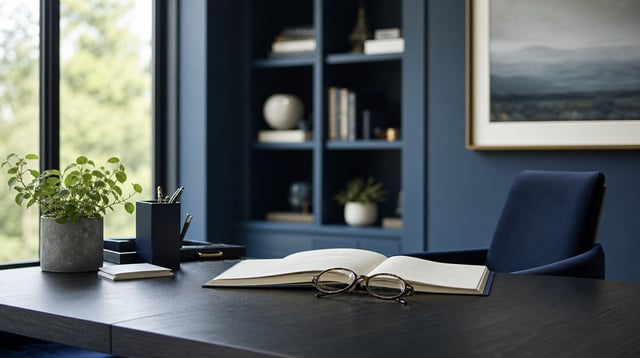 Small advisory office desk with a notebook and plant near a window