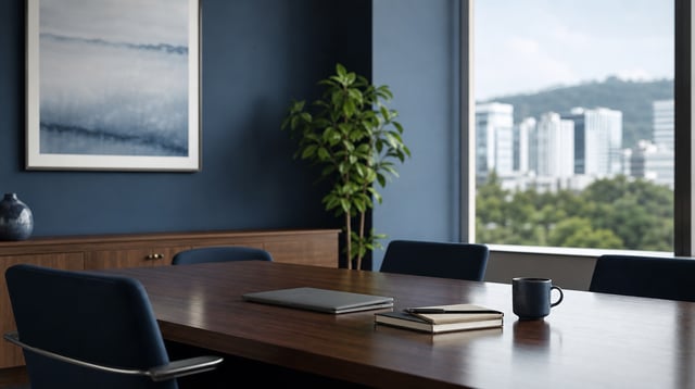 Quiet advisory office conference room with a table, laptop and soft daylight