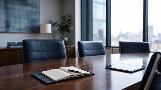 Advisory meeting room with wood table, notebook and tablet in soft daylight