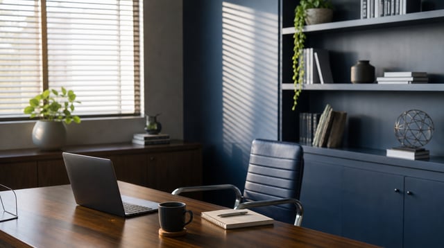 Small advisory office desk with laptop and notebook in morning light