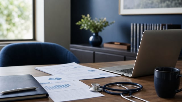 Advisory office desk with planning documents, a laptop, and a stethoscope in soft light