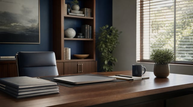 Warm advisory office desk with folders and a notebook in soft natural light