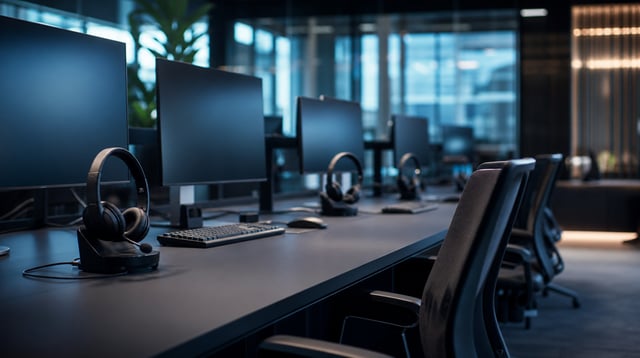 Modern fintech support workspace with headsets and monitors