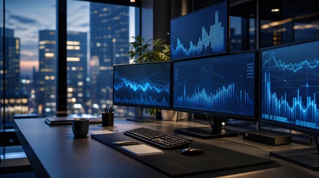 Fintech workspace with monitors showing abstract blue data visualizations