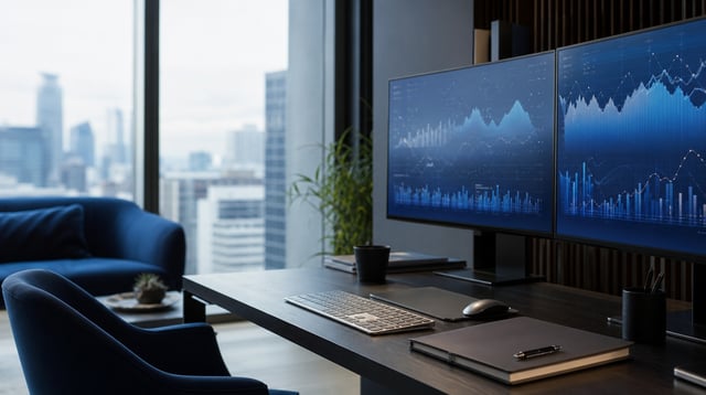Fintech workspace with monitors showing abstract data dashboards