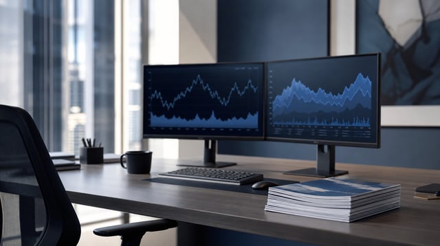 Investment office desk with monitors showing abstract charts and stacked reports in natural light