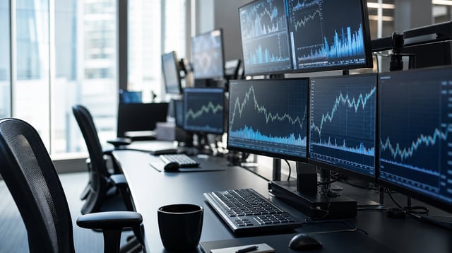 Broker-dealer trading desk with monitors