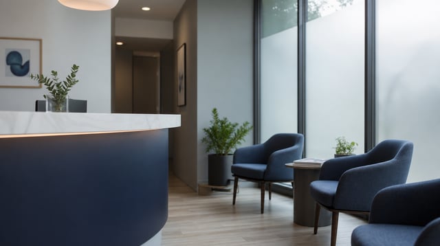 Calm clinic reception area with empty chairs and soft daylight through frosted glass