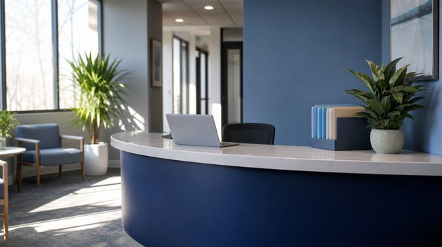 Modern healthcare office reception with laptop and file folders in soft morning light