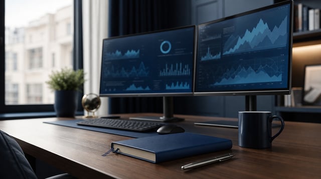 Advisor desk with monitors showing abstract blue charts in soft natural light