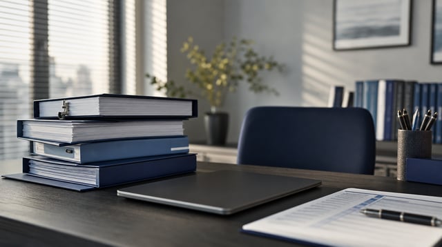 Compliance binders and a laptop on a desk in a quiet investment firm office