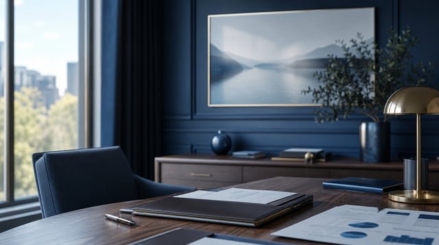 Advisory office desk with planning documents and a lamp in soft morning light