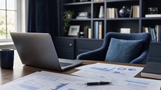 Home planning office desk with laptop and printed charts in soft window light
